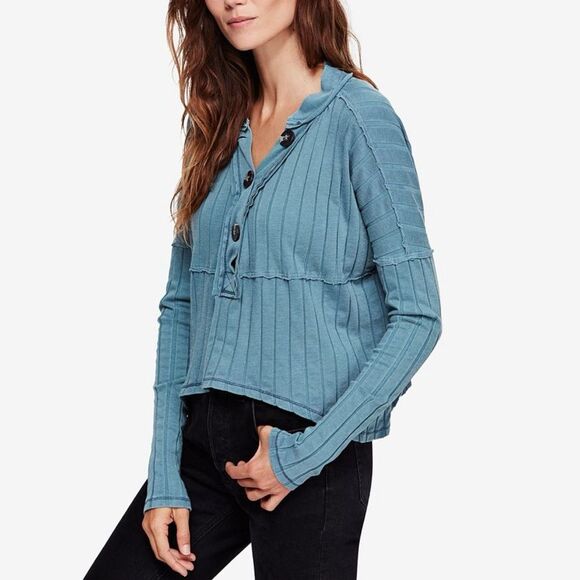 Free People In The Mix Ribbed Henley Top in Ocean Blue - Picture 2 of 12